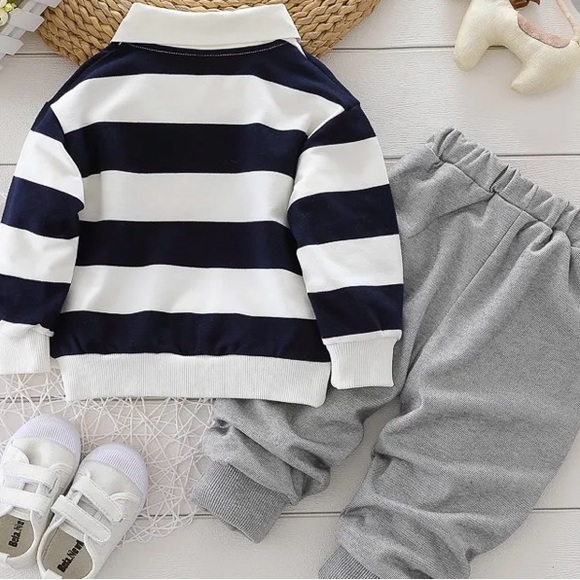 Pat Pat 2-piece Toddler Boy Stripe Polo shirt and Grey Pants Set | 3Y | NEW!! - Picture 3 of 12